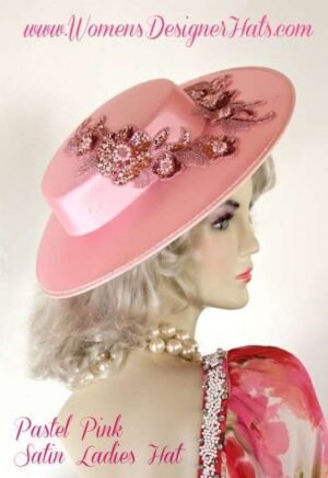 Women's Soft Pink Sequin Beaded Pearl Satin Wedding Designer Church Fashion Hat, Brides Weddings Formals Dress
