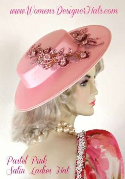 Women's Soft Pink Sequin Beaded Pearl Satin Wedding Designer Church Fashion Hat, Brides Weddings Formals Dress