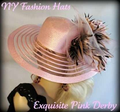 Ladies Pink Brown Striped Feather Designer Fashion Hat, Hats For Weddings Formals Church Dress Y75 - Image 2