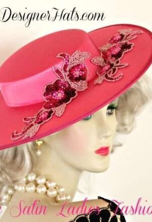 Women's Formal Hot Pink Satin Wide Brim Designer Hat, Formals Weddings Church