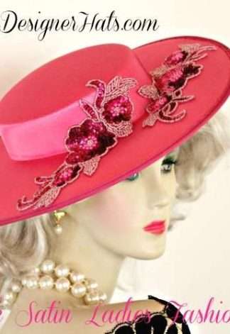 Women's Formal Hot Pink Satin Wide Brim Designer Hat, Formals Weddings Church