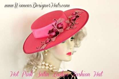 Women's Formal Hot Pink Satin Wide Brim Designer Hat, Formals Weddings Church