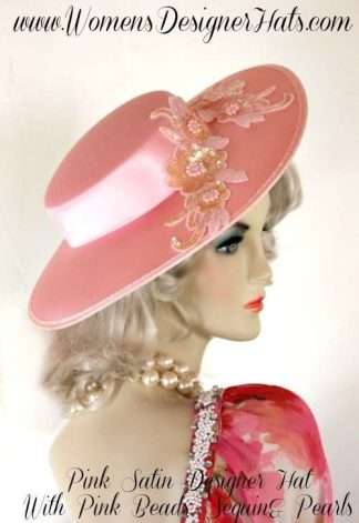 Pastel Pink Sequin Beaded Floral Applique Dress Hat For Weddings Brides Special Occasion, Millinery Designers