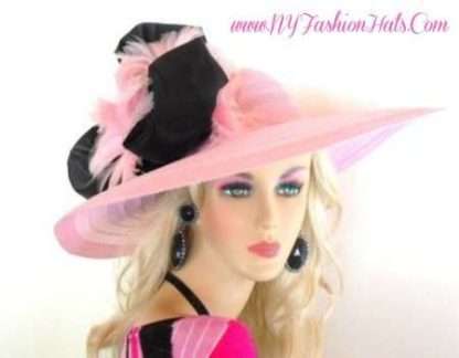 Women Pink Black Wide Brim Designer Dress Church Hat, Choose Bow Feather Colors 933B - Image 2