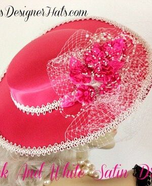 Women's Hot Pink White Satin Wedding Church Fashion Hat, Brides Weddings 7KW2