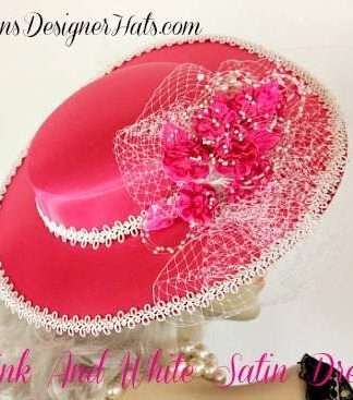 Women's Hot Pink White Satin Wedding Church Fashion Hat, Brides Weddings 7KW2