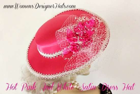 Women's Hot Pink White Satin Wedding Church Fashion Hat, Brides Weddings 7KW2