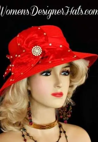 Women's Red Formal Rhinestone Satin Straw Braid Designer Dress Hat, Wedding Derby Hats