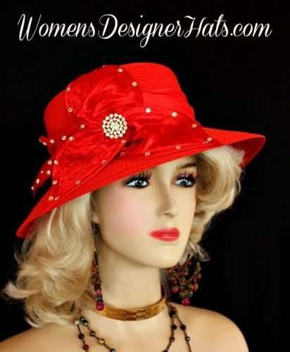 Women's Red Formal Rhinestone Satin Straw Braid Designer Dress Hat, Wedding Derby Hats