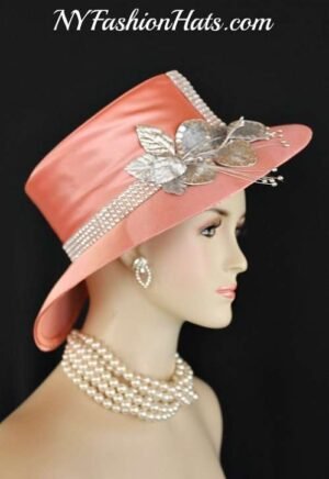 Ladies Peach Metallic Silver Abstract Brim Designer Fashion Hat, Hats For Weddings Church Formals