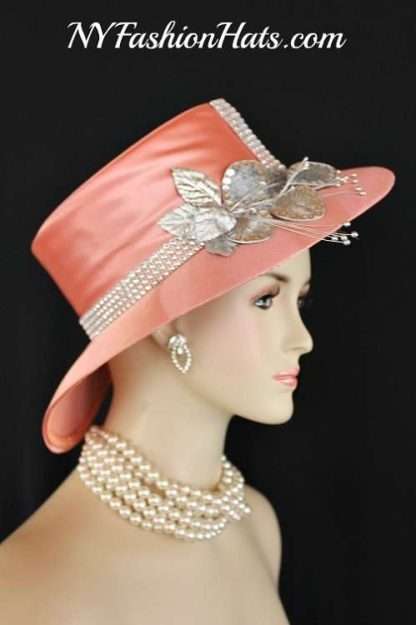 Ladies Peach Metallic Silver Abstract Brim Designer Fashion Hat, Hats For Weddings Church Formals