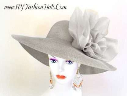 Silver Grey Wide Brimmed Formal Kentucky Derby Hat, Bridal Brides Bridesmaids