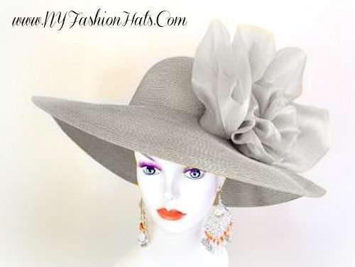 Silver Grey Wide Brimmed Formal Kentucky Derby Hat, Bridal Brides Bridesmaids