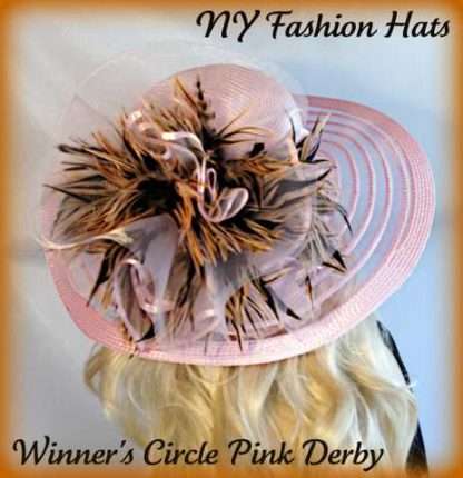 Ladies Pink Brown Striped Feather Designer Fashion Hat, Hats For Weddings Formals Church Dress Y75 - Image 3