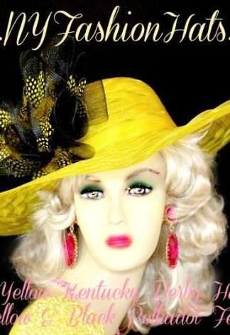 Ladies Lemon Yellow Black Wide Brim Dressy Fashion Church Hat, Wedding Derby Hats