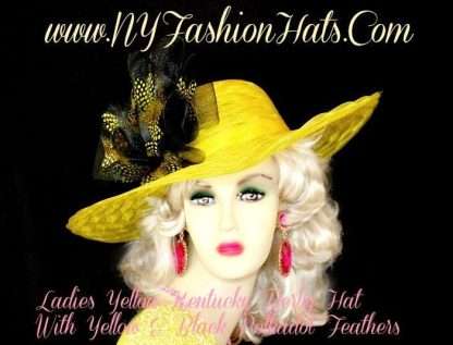 Ladies Lemon Yellow Black Wide Brim Dressy Fashion Church Hat, Wedding Derby Hats