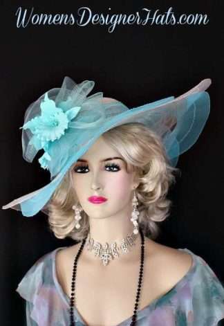 Turquoise Aqua Blue White Wide Brim Kentucky Derby Hat, Womens Hats