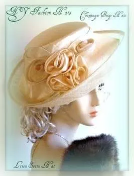 Ivory Champagne Beige Sinamay Straw Satin Designer Hat Ladies Kentucky Derby Hats 