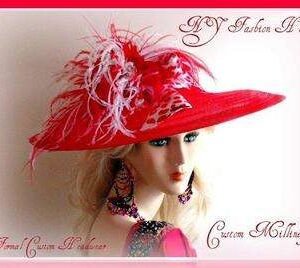 Red White Wide Brim Church Fashion Hat Ladies Designer Hats 8UBV