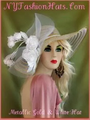 White Metallic Gold Or Silver Wide Brim Sheer Church Formal Hat For Women, Designer Hats 