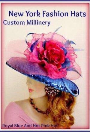Royal Blue Hot Pink Sequin Hat With Flowers Ladies Dress Hats 3V
