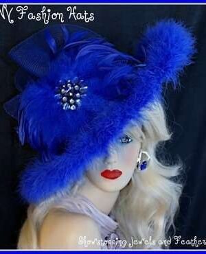 Ladies Royal Blue Wide Brim Dress Hat Women's Fashion Hats 8TQC