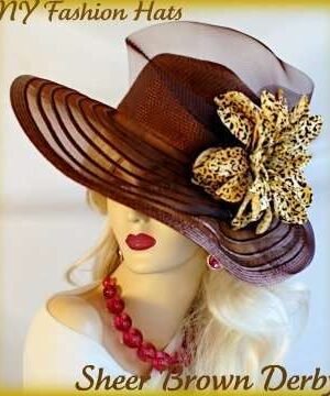 Ladies Brown Wide Brim Fashion Hat Gold Brown Leopard Flower Tea Hats