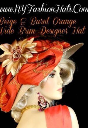 Ladies Beige Burnt Orange Designer Kentucky Derby Hat NY Fashion Hats