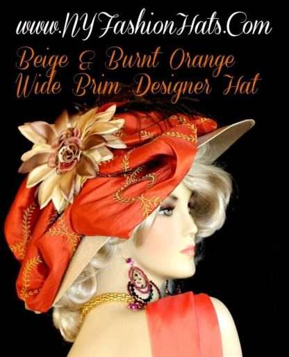 Ladies Beige Burnt Orange Designer Kentucky Derby Hat NY Fashion Hats