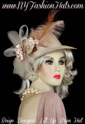 Ladies Beige Designer Hat With Satin Velvet Flowers Feathers, Hats