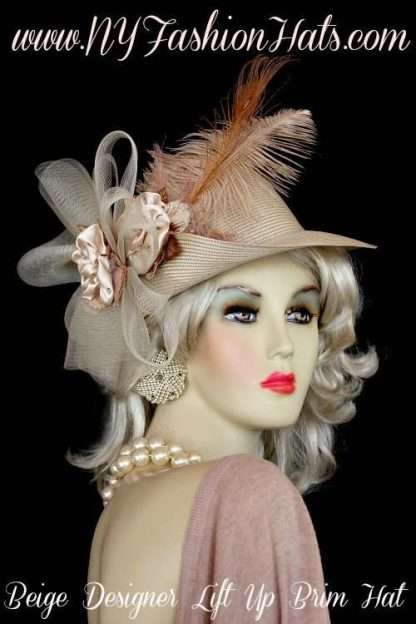 Ladies Beige Designer Hat With Satin Velvet Flowers Feathers, Hats