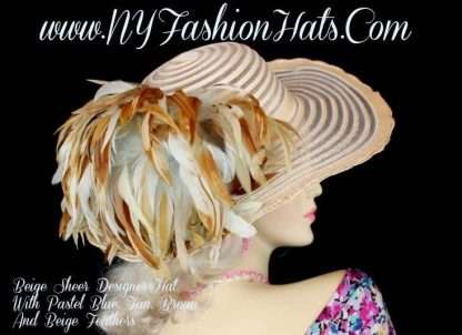 Beige Tan Wedding Kentucky Derby Hat With Feathers NY Fashion Hats