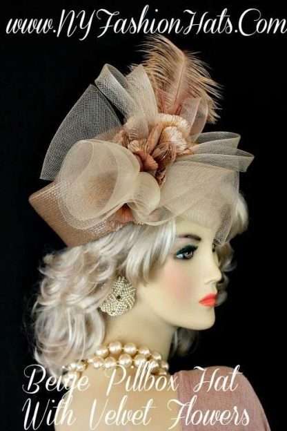 Hats Taupe Beige Pillbox Designer Fashion Church Hat, NY Fashion Hats