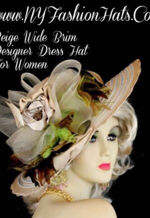 Women's Beige Designer Hat Satin Rosettes Lime Olive Brown Feathers