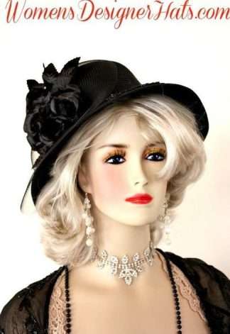 Black Dress Fashion Hat With Roses, Women's Designer Church Hats W995