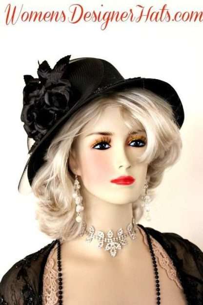 Black Dress Fashion Hat With Roses, Women's Designer Church Hats W995