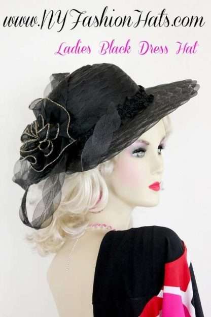 Women's Black Gold Designer Dress Wedding Hat, NY Fashion Hats