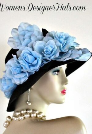 Black Lampshade Couture Designer Hat Baby Blue Roses Fashion Hats B2013