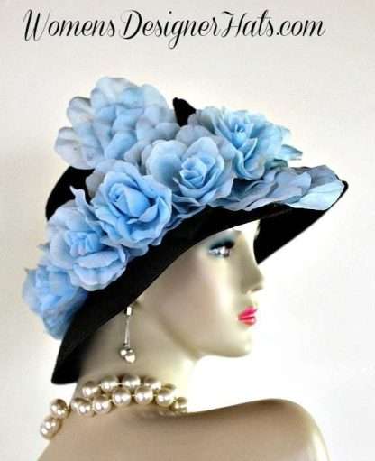 Black Lampshade Couture Designer Hat Baby Blue Roses Fashion Hats B2013