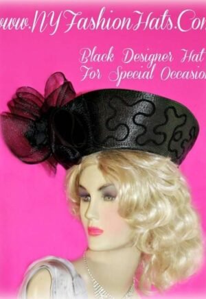 Women's Black Nefertiti Dress Hat With Black Roses NY Fashion Hat 9HGT