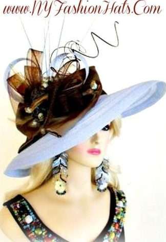 Pastel Blue And Brown Wide Brim Designer Ladies Tea Hat Church Hats P74