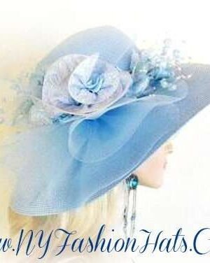 Baby Blue Wide Brim Designer Hat With Silk Flowers, NY Fashion Hats
