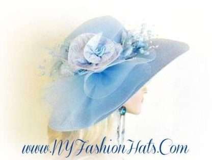 Baby Blue Wide Brim Designer Hat With Silk Flowers, NY Fashion Hats