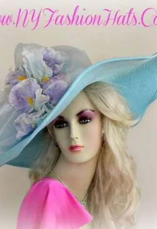 Pastel Blue Lavender Wide Brim Hat With Flowers Ladies Hats 8KZW