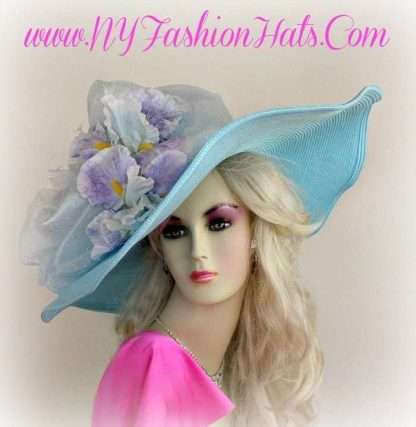 Pastel Blue Lavender Wide Brim Hat With Flowers Ladies Hats 8KZW