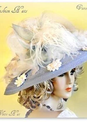 Pastel Sky Blue Wide Brim Designer Hat With White Daisies And Feathers