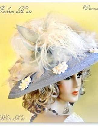 Pastel Sky Blue Wide Brim Designer Hat With White Daisies And Feathers