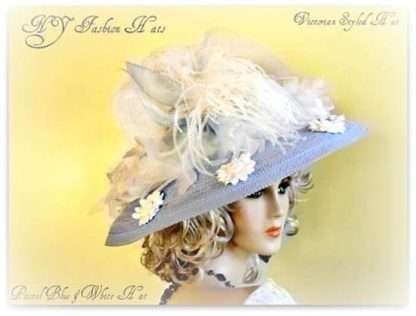 Pastel Sky Blue Wide Brim Designer Hat With White Daisies And Feathers