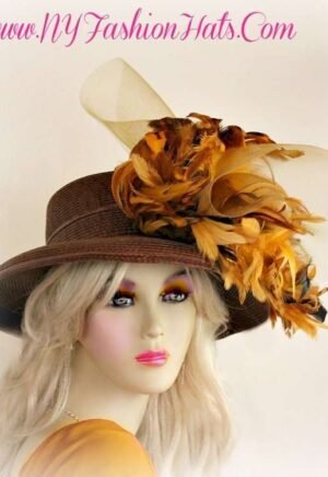 Ladies Brown Designer Kentucky Derby Hat With Mustard Yellow Feathers