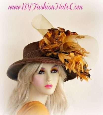 Ladies Brown Designer Kentucky Derby Hat With Mustard Yellow Feathers